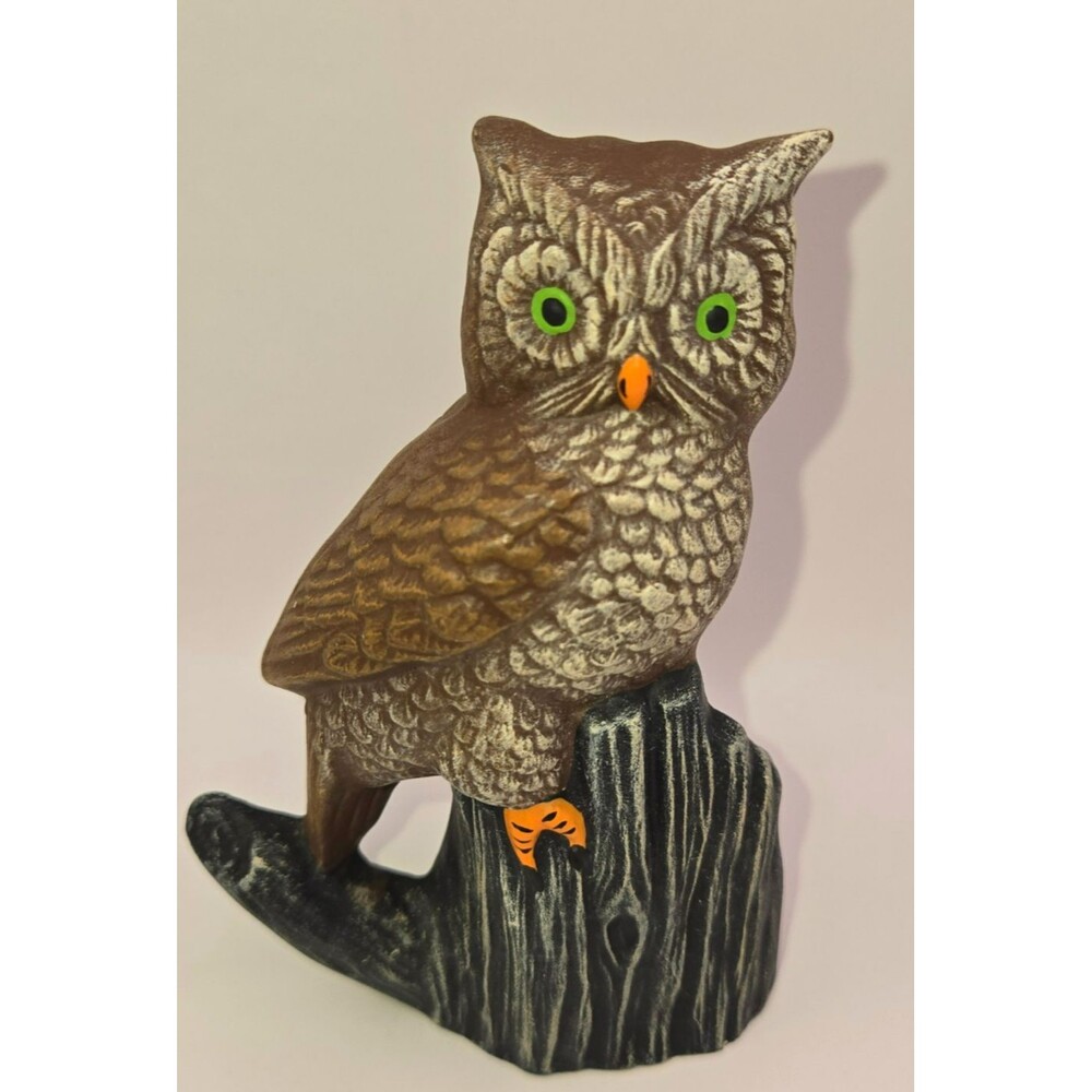 Vintage 70s Ceramic Owl Figurine on Tree Stump Branch - Hand Painted 4.5”